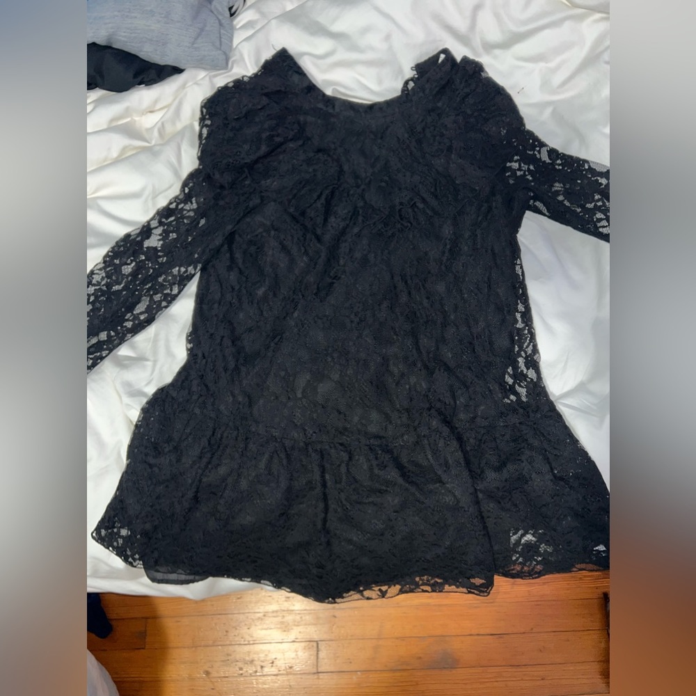 Zara Black Ruffled Dress- Long Sleeve, Zipper In Back with Buttons- SMALL